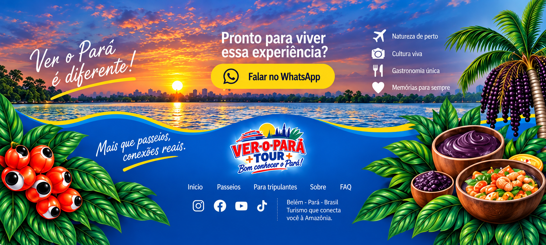 Vem o Pará é diferente! Pronto para viver essa experiência? Natureza de perto, cultura viva, gastronomia única e memórias para sempre. Mais que passeios, conexões reais. Ver-o-Pará Tour, Belém - Pará - Brasil. Turismo que conecta você à Amazônia. Ondas, guaraná, açaí e gastronomia paraense.
