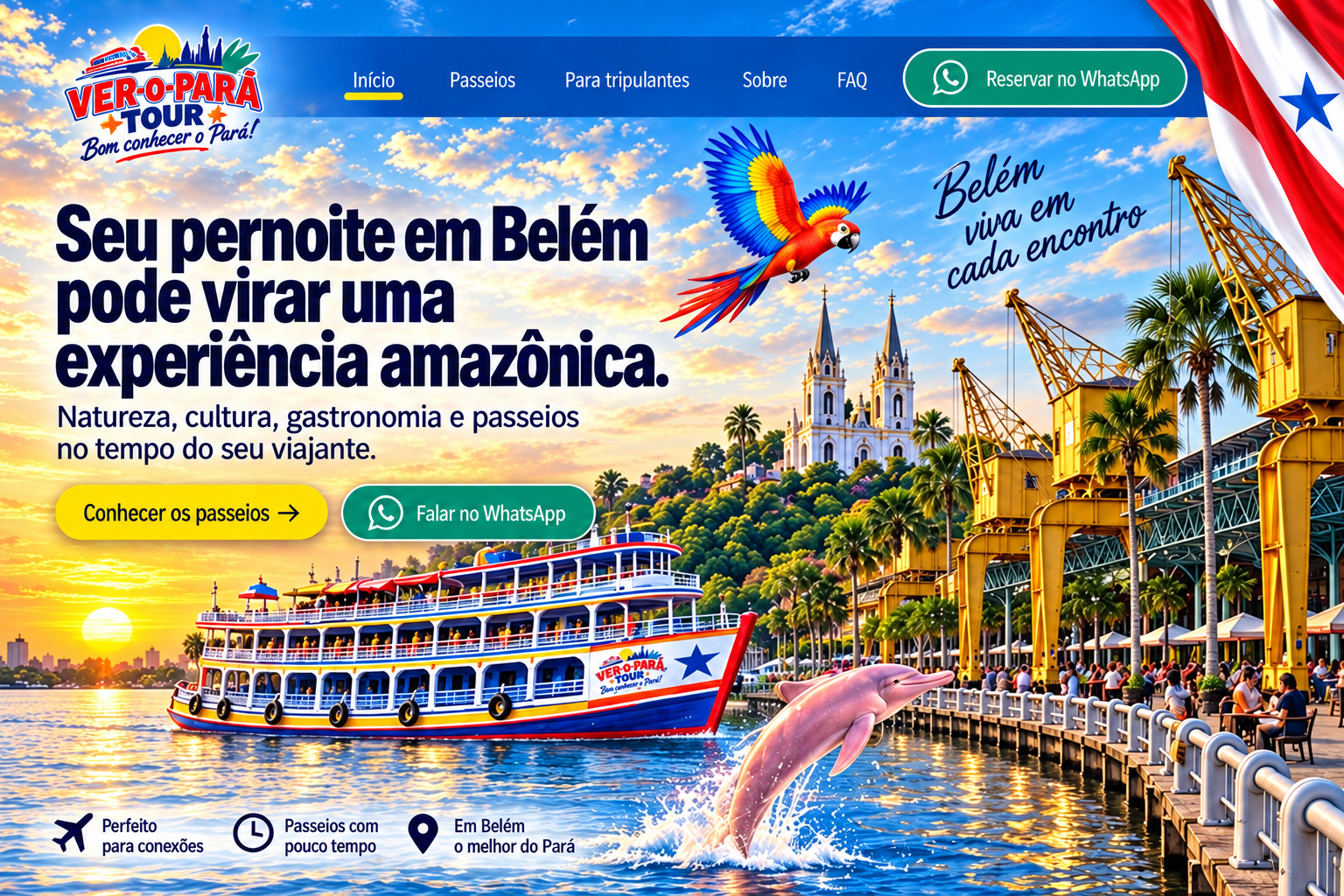 Ver-o-Pará Tour: seu pernoite em Belém pode virar uma experiência amazônica. Natureza, cultura, gastronomia e passeios no tempo do seu viajante. Barco amazônico, boto, arara, Basílica de Nazaré, Estação das Docas e bandeira do Pará.