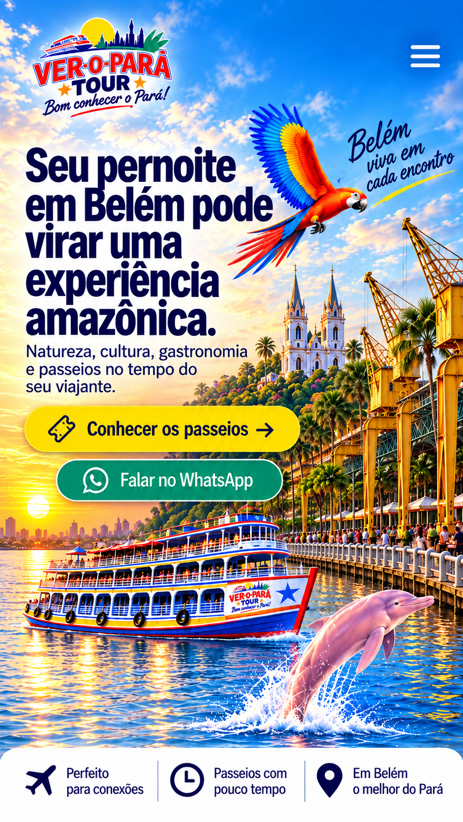 Design mobile do Ver-o-Pará Tour com hero, CTAs, barco, boto, arara e paisagem de Belém.